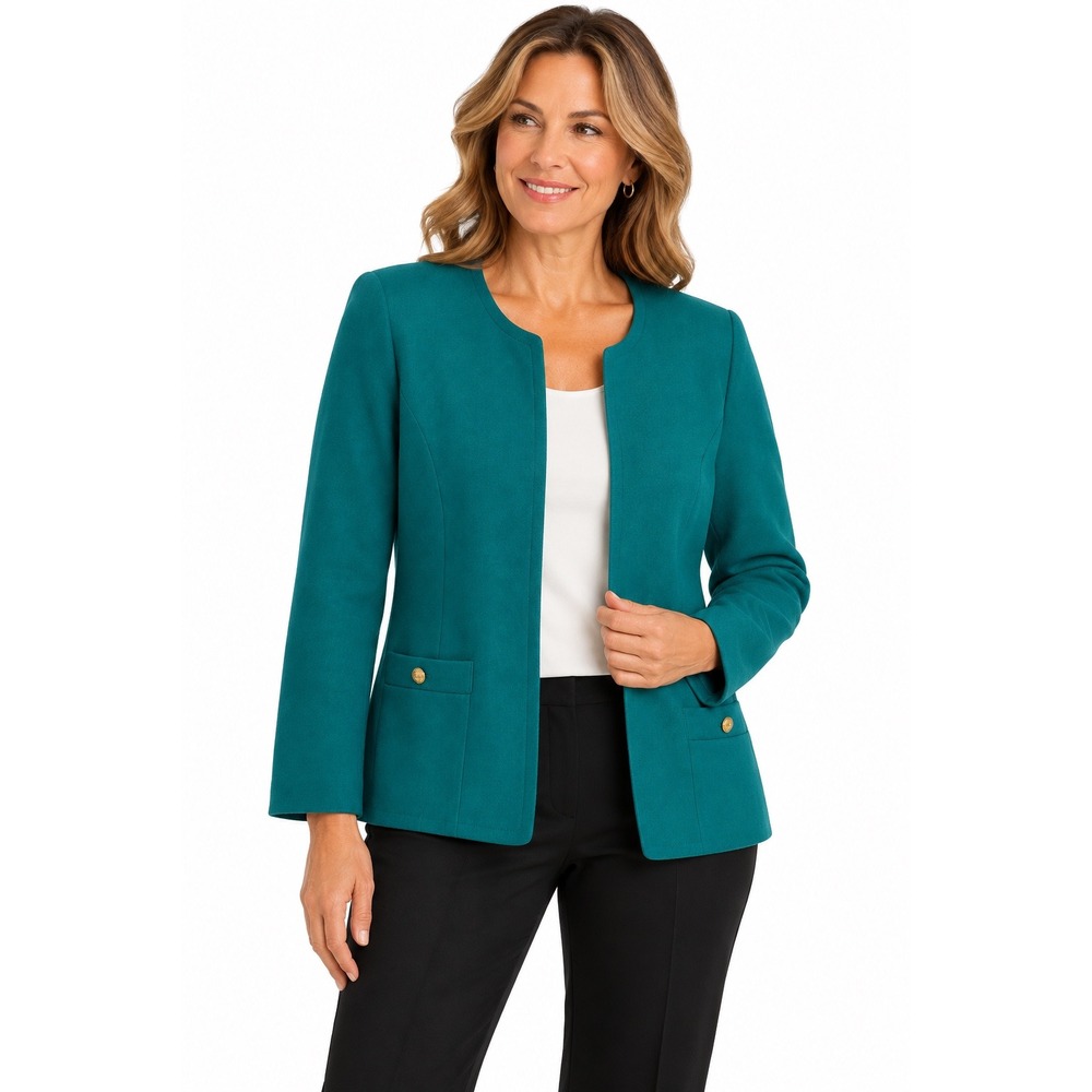 Talbots Womens 18 Teal Green 100% Wool Collarless Open Front Blazer Jacket Gold